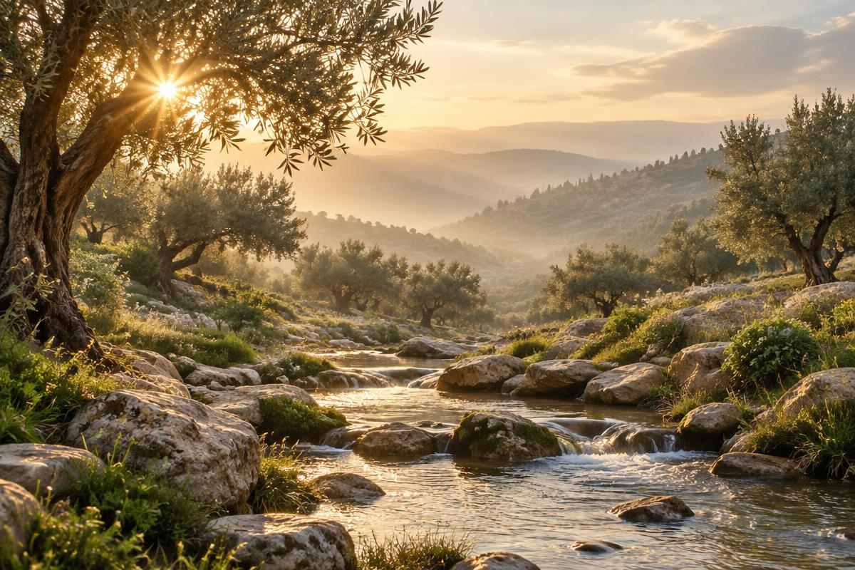 Olive trees and still waters at sunrise